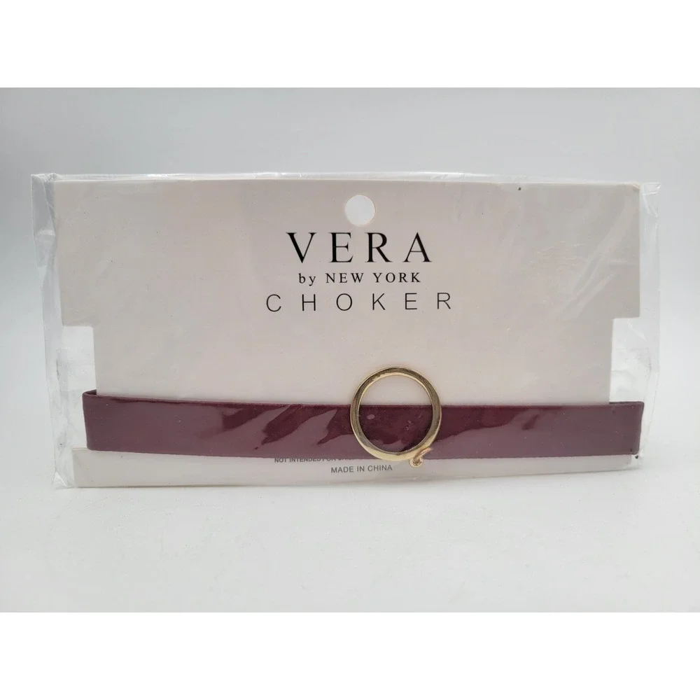 New Vera by New York Women's‎ Burgundy Satin Choker Gold Tone Ring Necklace